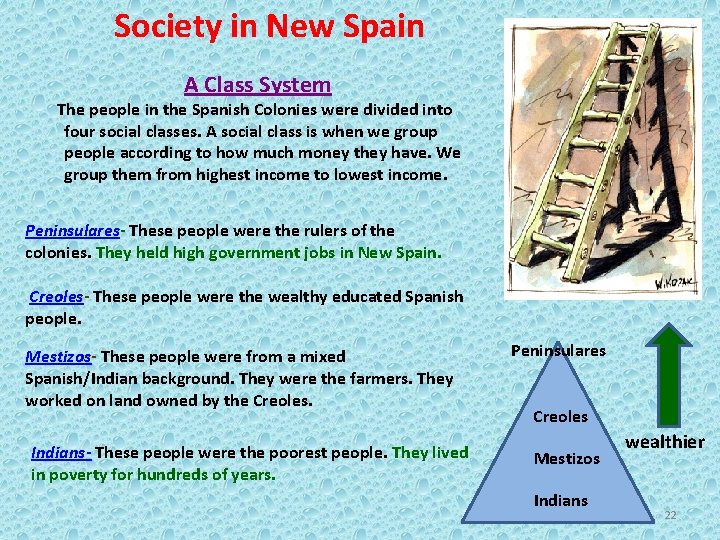 Society in New Spain A Class System The people in the Spanish Colonies were