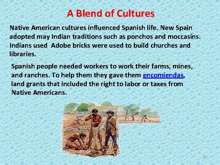 A Blend of Cultures Native American cultures influenced Spanish life. New Spain adopted may