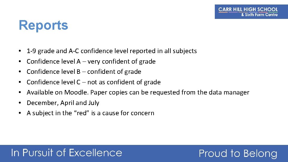 Reports • • 1 -9 grade and A-C confidence level reported in all subjects