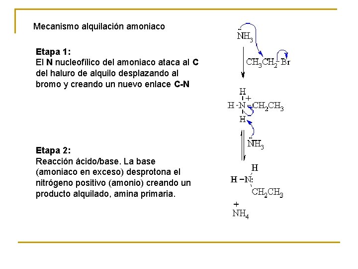 Mecanismo alquilación amoniaco Etapa 1: El N nucleofílico del amoniaco ataca al C del