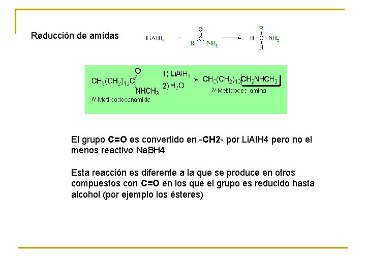 Reducción de amidas El grupo C=O es convertido en -CH 2 - por Li.