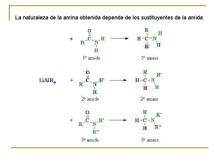 La naturaleza de la amina obtenida depende de los sustituyentes de la amida 
