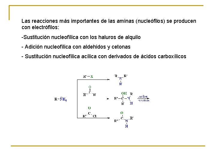 Las reacciones más importantes de las aminas (nucleófilos) se producen con electrófilos: -Sustitución nucleofílica