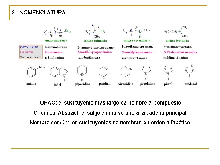 2. - NOMENCLATURA IUPAC: el sustituyente más largo da nombre al compuesto Chemical Abstract: