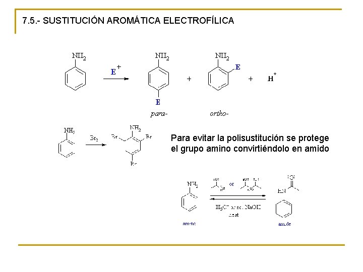 7. 5. - SUSTITUCIÓN AROMÁTICA ELECTROFÍLICA Para evitar la polisustitución se protege el grupo