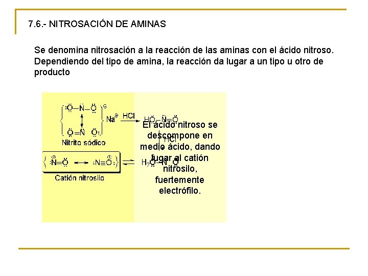 7. 6. - NITROSACIÓN DE AMINAS Se denomina nitrosación a la reacción de las