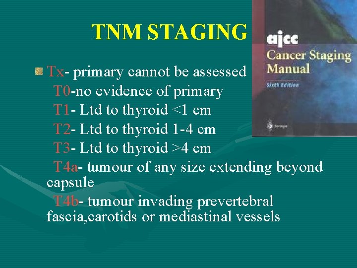 TNM STAGING Tx- primary cannot be assessed T 0 -no evidence of primary T