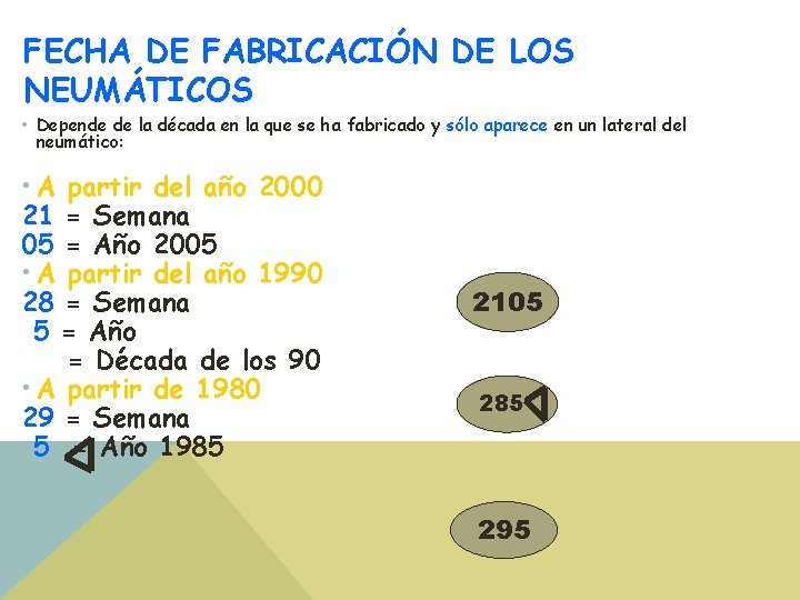 FECHA DE FABRICACIÓN DE LOS NEUMÁTICOS • Depende de la década en la que