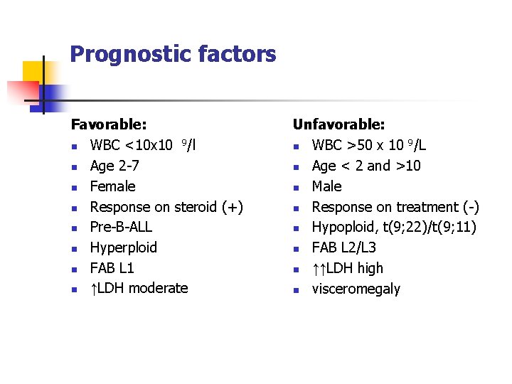 Prognostic factors Favorable: n WBC <10 x 10 9/l n Age 2 -7 n