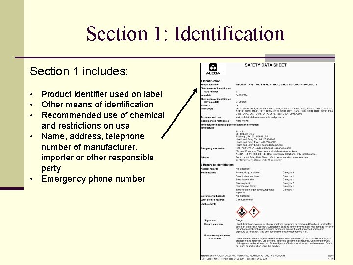 Section 1: Identification Section 1 includes: • Product identifier used on label • Other Section 1: Identification Section 1 includes: • Product identifier used on label • Other