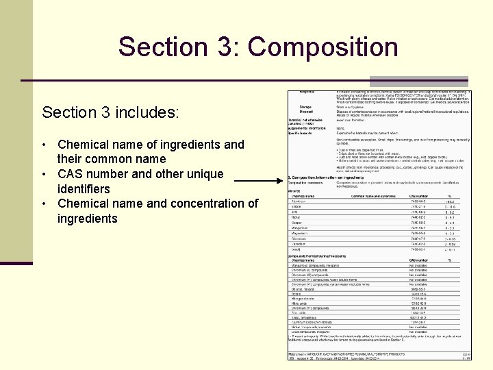 Section 3: Composition Section 3 includes: • Chemical name of ingredients and their common