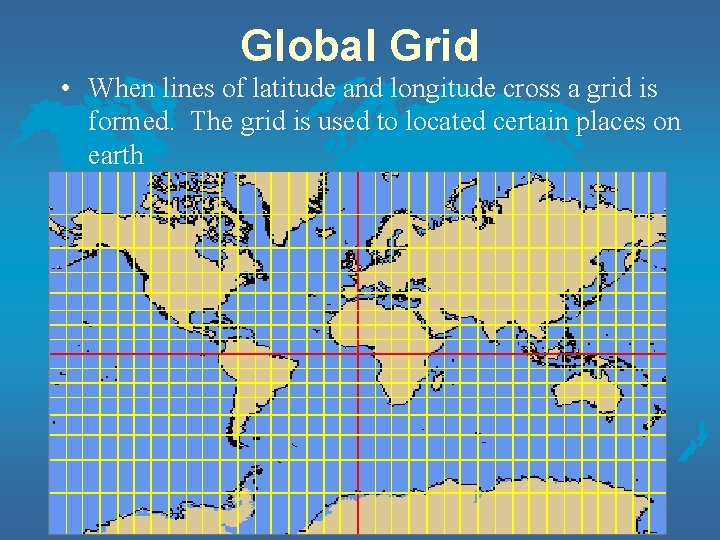 Global Grid • When lines of latitude and longitude cross a grid is formed.