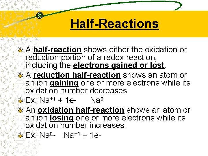 Half-Reactions A half-reaction shows either the oxidation or reduction portion of a redox reaction,