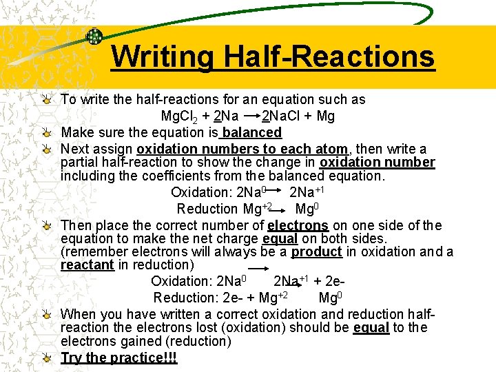 Writing Half-Reactions To write the half-reactions for an equation such as Mg. Cl 2