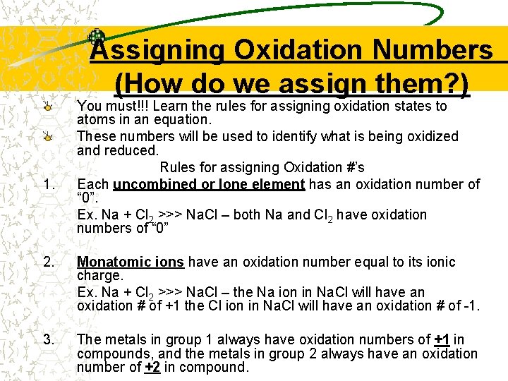 Assigning Oxidation Numbers (How do we assign them? ) 1. You must!!! Learn the