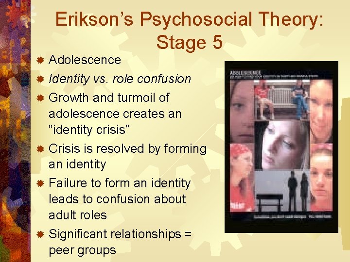 Erikson’s Psychosocial Theory: Stage 5 ® Adolescence ® Identity vs. role confusion ® Growth