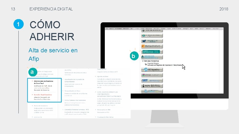 13 2018 EXPERIENCIA DIGITAL 1 CÓMO ADHERIR Alta de servicio en Afip a a