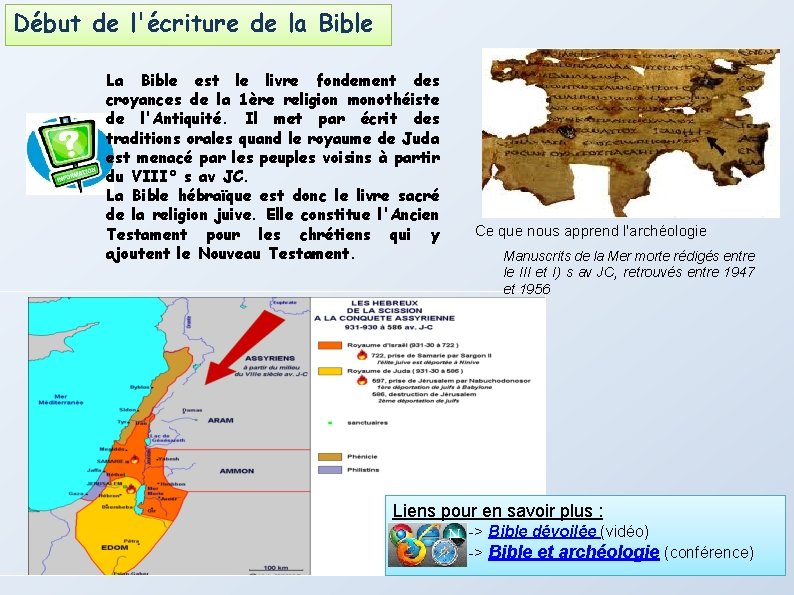 Début de l'écriture de la Bible La Bible est le livre fondement des croyances