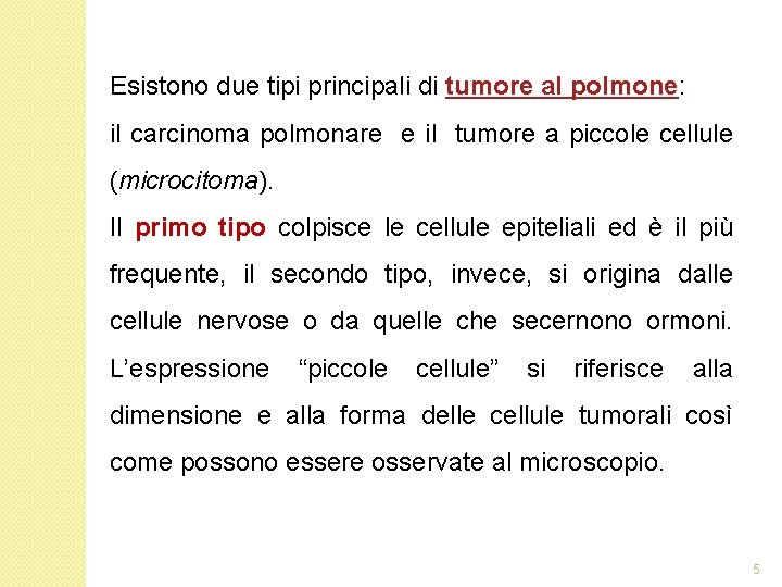 Esistono due tipi principali di tumore al polmone: il carcinoma polmonare e il tumore