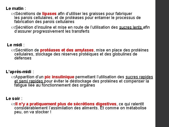 Le matin : Sécrétions de lipases afin d’utiliser les graisses pour fabriquer les parois