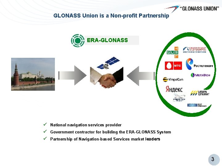 GLONASS Union is a Non-profit Partnership ERA-GLONASS ü National navigation services provider ü Government GLONASS Union is a Non-profit Partnership ERA-GLONASS ü National navigation services provider ü Government