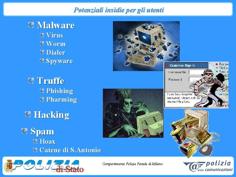 Potenziali insidie per gli utenti Malware Virus Worm Dialer Spyware Truffe Phishing Pharming Hacking