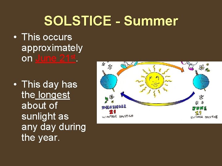 SOLSTICE - Summer • This occurs approximately on June 21 st. • This day