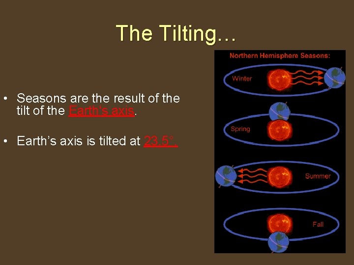 The Tilting… • Seasons are the result of the tilt of the Earth's axis.