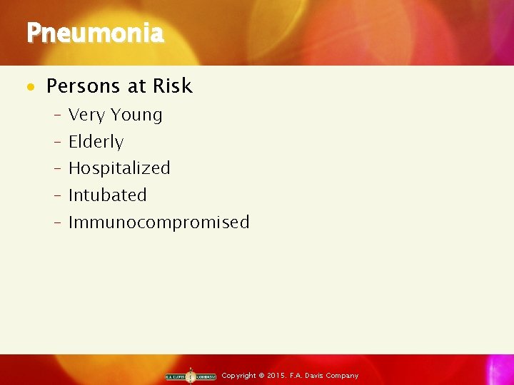 Pneumonia · Persons at Risk ‒ Very Young ‒ Elderly ‒ Hospitalized ‒ Intubated