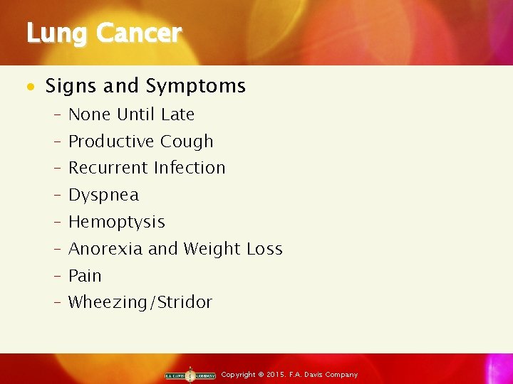Lung Cancer · Signs and Symptoms ‒ None Until Late ‒ Productive Cough ‒