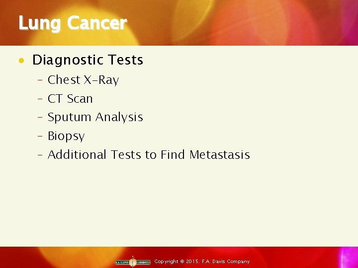 Lung Cancer · Diagnostic Tests ‒ Chest X-Ray ‒ CT Scan ‒ Sputum Analysis