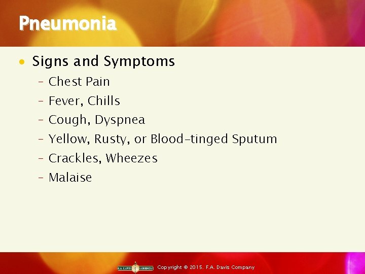 Pneumonia · Signs and Symptoms ‒ Chest Pain ‒ Fever, Chills ‒ Cough, Dyspnea