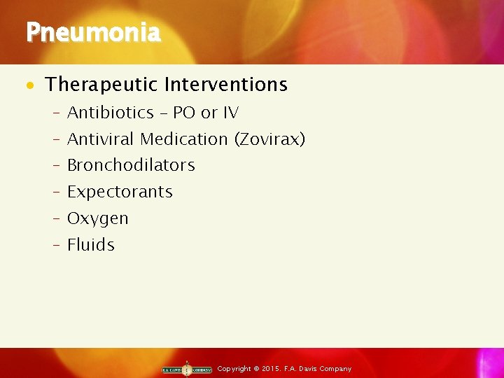 Pneumonia · Therapeutic Interventions ‒ Antibiotics – PO or IV ‒ Antiviral Medication (Zovirax)
