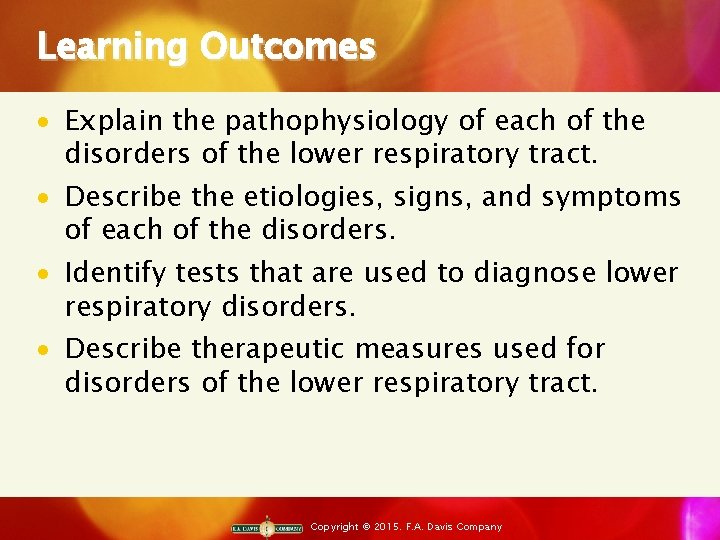 Learning Outcomes · Explain the pathophysiology of each of the disorders of the lower