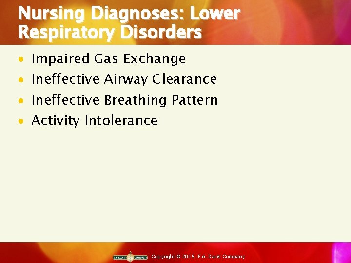Nursing Diagnoses: Lower Respiratory Disorders · · Impaired Gas Exchange Ineffective Airway Clearance Ineffective