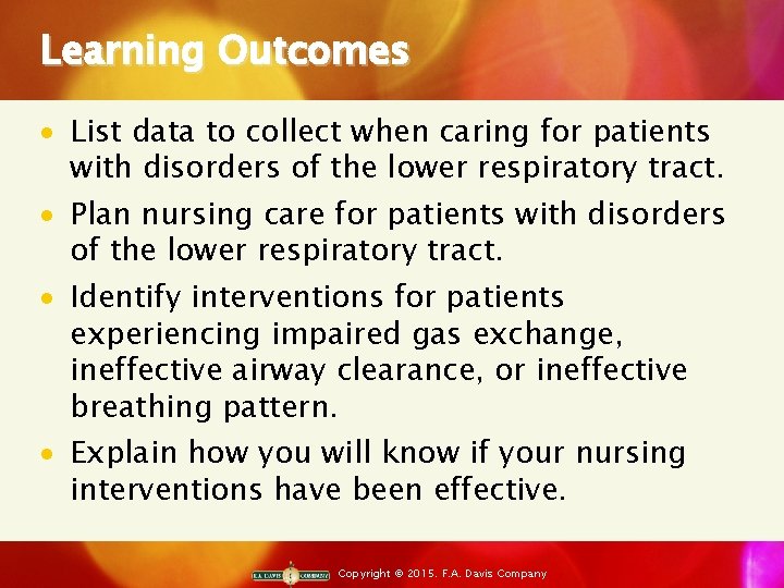Learning Outcomes · List data to collect when caring for patients with disorders of