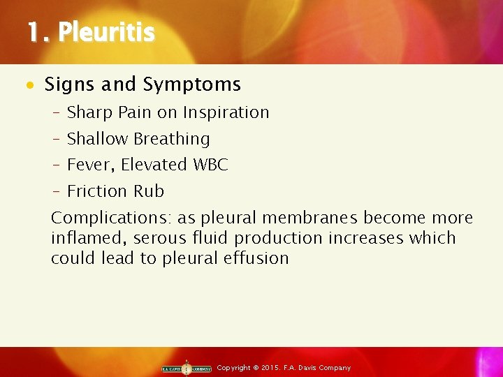 1. Pleuritis · Signs and Symptoms ‒ Sharp Pain on Inspiration ‒ Shallow Breathing