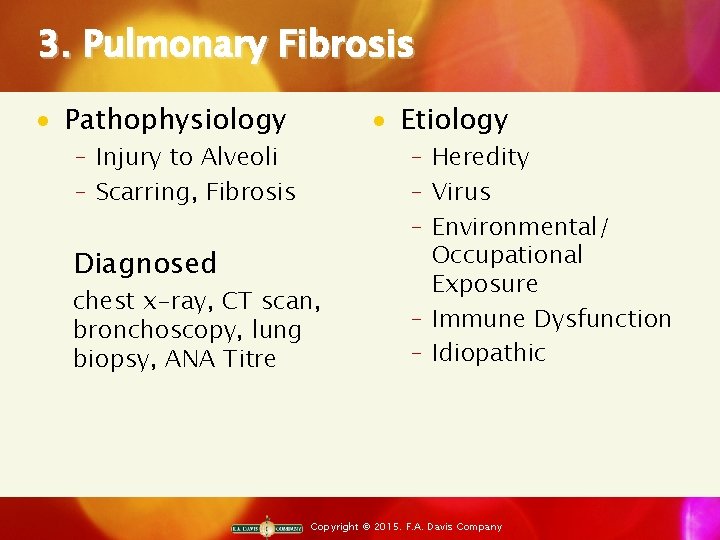 3. Pulmonary Fibrosis · Pathophysiology · Etiology ‒ Injury to Alveoli ‒ Scarring, Fibrosis