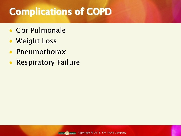 Complications of COPD · · Cor Pulmonale Weight Loss Pneumothorax Respiratory Failure Copyright ©