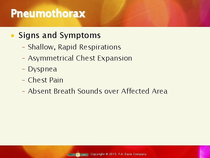 Pneumothorax · Signs and Symptoms ‒ Shallow, Rapid Respirations ‒ Asymmetrical Chest Expansion ‒