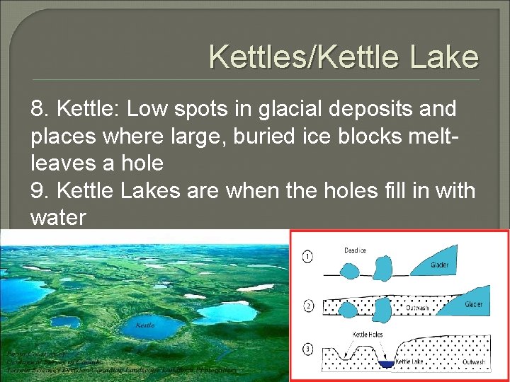 Kettles/Kettle Lake 8. Kettle: Low spots in glacial deposits and places where large, buried