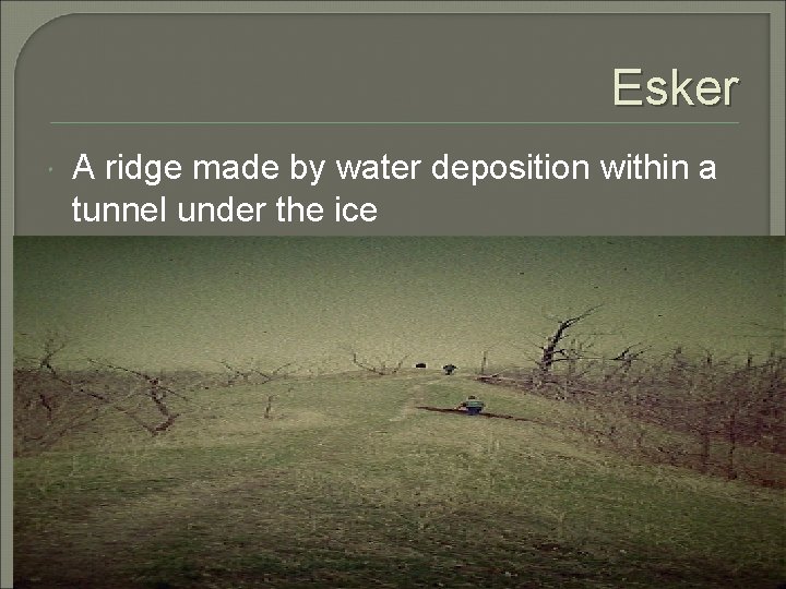 Esker A ridge made by water deposition within a tunnel under the ice 