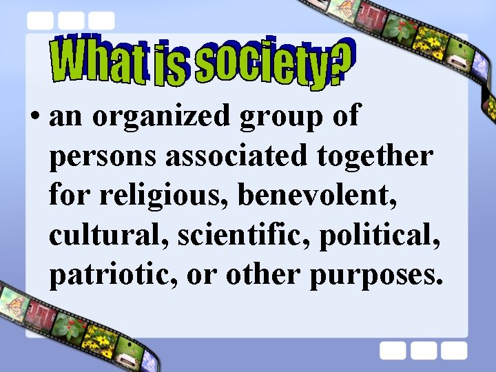  • an organized group of persons associated together for religious, benevolent, cultural, scientific,