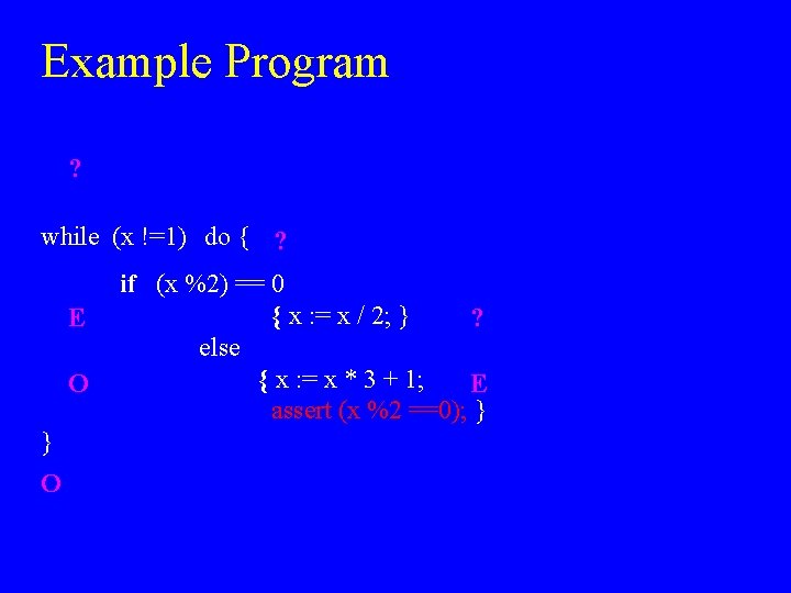 Example Program ? while (x !=1) do { ? E O } O if