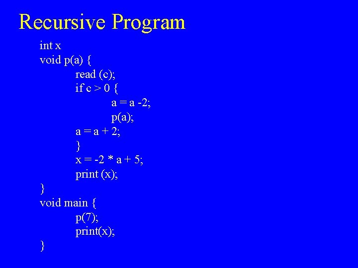 Recursive Program int x void p(a) { read (c); if c > 0 {