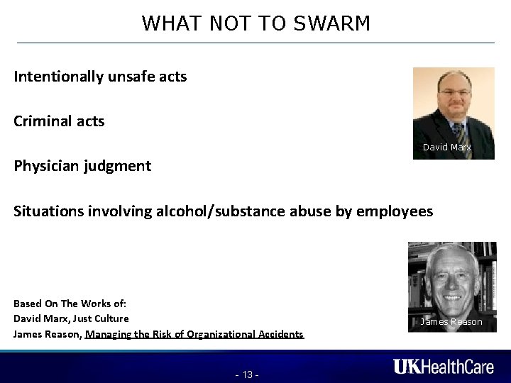 WHAT NOT TO SWARM Intentionally unsafe acts Criminal acts David Marx Physician judgment Situations