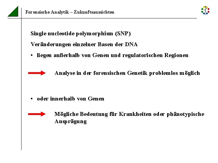 Forensische Analytik – Zukunftsaussichten Single nucleotide polymorphism (SNP) Veränderungen einzelner Basen der DNA •