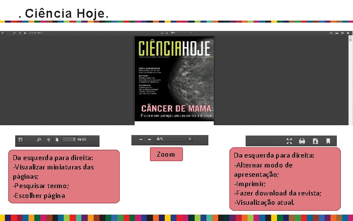 . Ciência Hoje. Da esquerda para direita: -Visualizar miniaturas das páginas; -Pesquisar termo; -Escolher