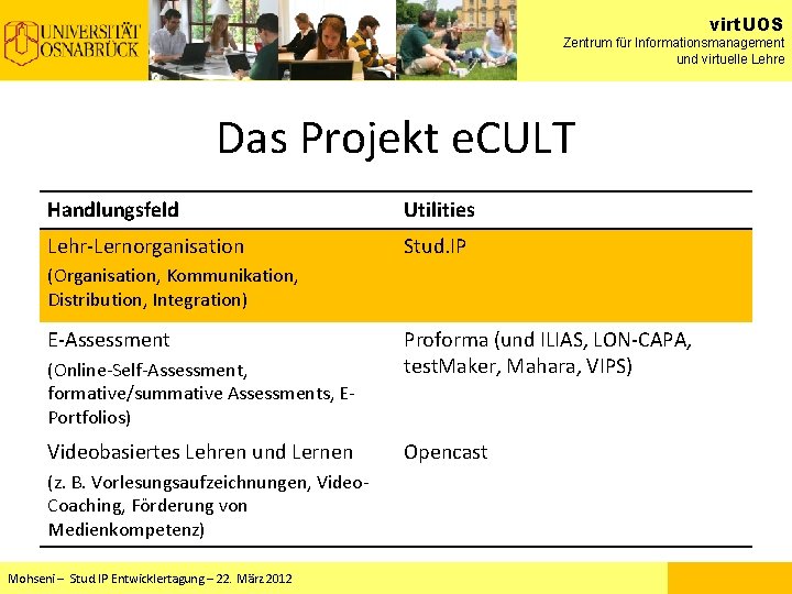 virt. UOS Zentrum für Informationsmanagement und virtuelle Lehre Das Projekt e. CULT Handlungsfeld Utilities virt. UOS Zentrum für Informationsmanagement und virtuelle Lehre Das Projekt e. CULT Handlungsfeld Utilities