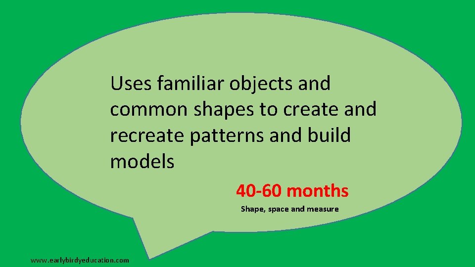 Uses familiar objects and common shapes to create and recreate patterns and build models